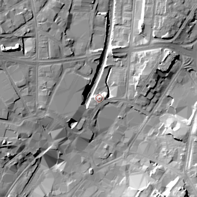 Shaded relief map of the ground around WS11XS, computed from Environment Agency LiDAR. The ground here sits at about 123 m above sea level and falls 20 m across the surrounding 800 m. Surface water reaching this point runs off ground lying to the north-east, 11.7 m higher.
