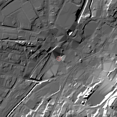 Shaded relief map of the ground around WS11YS, computed from Environment Agency LiDAR. The ground here sits at about 117 m above sea level and falls 39 m across the surrounding 800 m. Surface water reaching this point runs off ground lying to the south-east, 36.4 m higher.