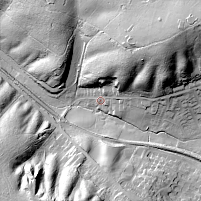 Shaded relief map of the ground around WS120PH, computed from Environment Agency LiDAR. The ground here sits at about 179 m above sea level and falls 63 m across the surrounding 800 m. Surface water reaching this point runs off ground lying to the north-east, 46.8 m higher.