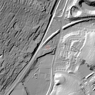 Shaded relief map of the ground around WS121QR, computed from Environment Agency LiDAR. The ground here sits at about 160 m above sea level and falls 40 m across the surrounding 800 m. Surface water reaching this point runs off ground lying to the north-north-west, 2.7 m higher.