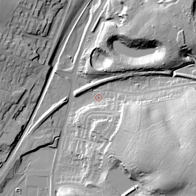Shaded relief map of the ground around WS121RA, computed from Environment Agency LiDAR. The ground here sits at about 158 m above sea level and falls 43 m across the surrounding 800 m. Surface water reaching this point runs off ground lying to the south-east, 38.1 m higher.