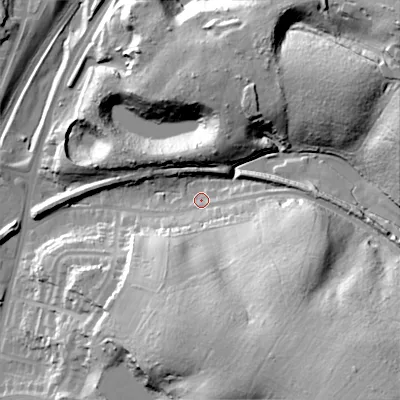 Shaded relief map of the ground around WS121RB, computed from Environment Agency LiDAR. The ground here sits at about 159 m above sea level and falls 52 m across the surrounding 800 m. Surface water reaching this point runs off ground lying to the south-east, 44.1 m higher.