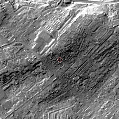 Shaded relief map of the ground around WS122DY, computed from Environment Agency LiDAR. The ground here sits at about 183 m above sea level and falls 28 m across the surrounding 800 m. Surface water reaching this point runs off ground lying to the north-north-east, 7.3 m higher.