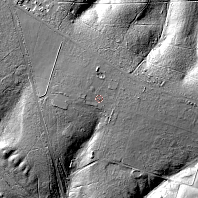 Shaded relief map of the ground around WS124PW, computed from Environment Agency LiDAR. The ground here sits at about 197 m above sea level and falls 37 m across the surrounding 800 m. Surface water reaching this point runs off ground lying to the north, 5.8 m higher.