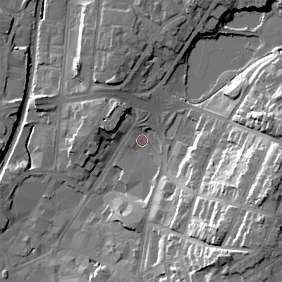 Shaded relief map of the ground around WS12BN, computed from Environment Agency LiDAR. The ground here sits at about 122 m above sea level and falls 34 m across the surrounding 800 m. Surface water reaching this point runs off ground lying to the south-east, 29.7 m higher.