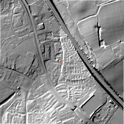 Shaded relief map of the ground around WS136AY, computed from Environment Agency LiDAR. The ground here sits at about 73 m above sea level and falls 21 m across the surrounding 800 m. Surface water reaching this point runs off ground lying to the south-south-east, 18.5 m higher.