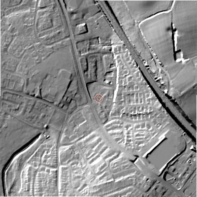 Shaded relief map of the ground around WS136BL, computed from Environment Agency LiDAR. The ground here sits at about 74 m above sea level and falls 22 m across the surrounding 800 m. Surface water reaching this point runs off ground lying to the south-south-east, 16.8 m higher.