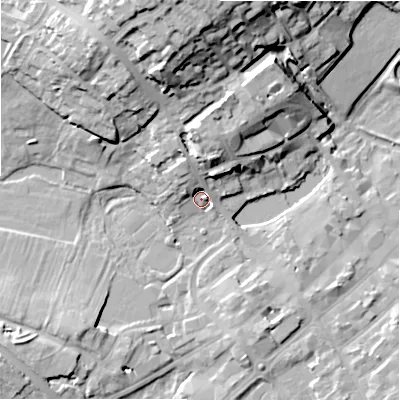 Shaded relief map of the ground around WS136PN, computed from Environment Agency LiDAR. The ground here sits at about 82 m above sea level and falls 24 m across the surrounding 800 m. Surface water reaching this point runs off ground lying to the north-north-west, 5.6 m higher.