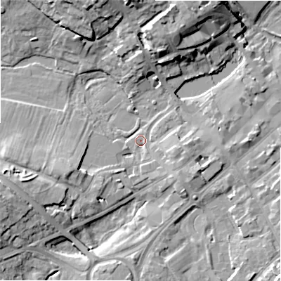 Shaded relief map of the ground around WS136QY, computed from Environment Agency LiDAR. The ground here sits at about 81 m above sea level and falls 15 m across the surrounding 800 m. Surface water reaching this point runs off ground lying to the east-south-east, 3.7 m higher.
