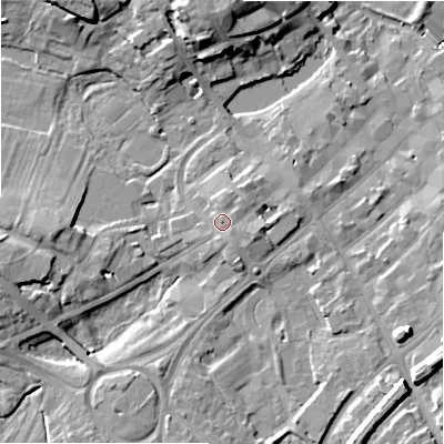 Shaded relief map of the ground around WS136QZ, computed from Environment Agency LiDAR. The ground here sits at about 84 m above sea level and falls 13 m across the surrounding 800 m. Surface water reaching this point runs off ground lying to the east-south-east, 1.9 m higher.