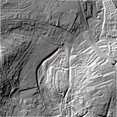Shaded relief map of the ground around WS136TR, computed from Environment Agency LiDAR. The ground here sits at about 76 m above sea level and falls 24 m across the surrounding 800 m. Surface water reaching this point runs off ground lying to the south-south-east, 10.9 m higher.