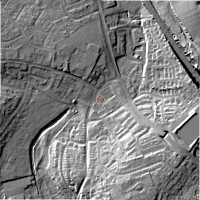 Shaded relief map of the ground around WS136TS, computed from Environment Agency LiDAR. The ground here sits at about 76 m above sea level and falls 24 m across the surrounding 800 m. Surface water reaching this point runs off ground lying to the south-south-east, 19.0 m higher.