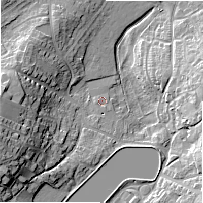 Shaded relief map of the ground around WS137NB, computed from Environment Agency LiDAR. The ground here sits at about 76 m above sea level and falls 28 m across the surrounding 800 m. Surface water reaching this point runs off ground lying to the west-south-west, 1.2 m higher.