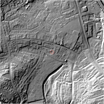 Shaded relief map of the ground around WS137PQ, computed from Environment Agency LiDAR. The ground here sits at about 77 m above sea level and falls 23 m across the surrounding 800 m. Surface water reaching this point runs off ground lying to the north-west, 2.8 m higher.