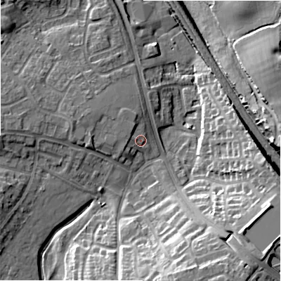 Shaded relief map of the ground around WS137RZ, computed from Environment Agency LiDAR. The ground here sits at about 77 m above sea level and falls 21 m across the surrounding 800 m. Surface water reaching this point runs off ground lying to the west-north-west, 1.5 m higher.