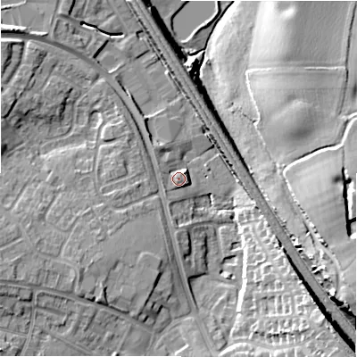 Shaded relief map of the ground around WS137SA, computed from Environment Agency LiDAR. The ground here sits at about 74 m above sea level and falls 19 m across the surrounding 800 m. Surface water reaching this point runs off ground lying to the south-east, 16.1 m higher.