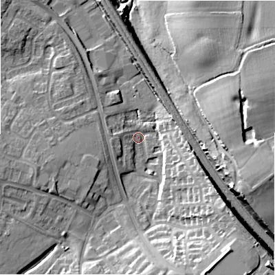 Shaded relief map of the ground around WS137ST, computed from Environment Agency LiDAR. The ground here sits at about 72 m above sea level and falls 20 m across the surrounding 800 m. Surface water reaching this point runs off ground lying to the south-south-east, 17.6 m higher.