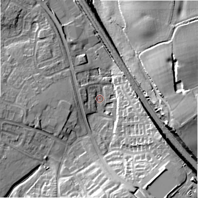 Shaded relief map of the ground around WS137SX, computed from Environment Agency LiDAR. The ground here sits at about 72 m above sea level and falls 19 m across the surrounding 800 m. Surface water reaching this point runs off ground lying to the south-south-east, 17.3 m higher.
