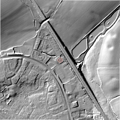 Shaded relief map of the ground around WS137TG, computed from Environment Agency LiDAR. The ground here sits at about 73 m above sea level and falls 16 m across the surrounding 800 m. Surface water reaching this point runs off ground lying to the north-west, 14.3 m higher.
