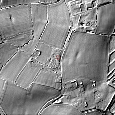 Shaded relief map of the ground around WS138ER, computed from Environment Agency LiDAR. The ground here sits at about 74 m above sea level and falls 15 m across the surrounding 800 m. Surface water reaching this point runs off ground lying to the south, 2.7 m higher.