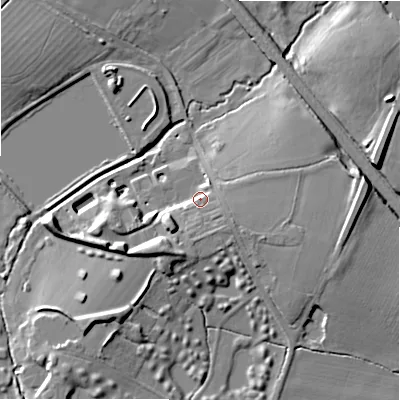 Shaded relief map of the ground around WS138HQ, computed from Environment Agency LiDAR. The ground here sits at about 83 m above sea level and falls 15 m across the surrounding 800 m. Surface water reaching this point runs off ground lying to the south-west, 9.4 m higher.
