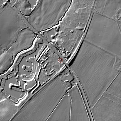 Shaded relief map of the ground around WS138HT, computed from Environment Agency LiDAR. The ground here sits at about 71 m above sea level and falls 10 m across the surrounding 800 m. Surface water reaching this point runs off ground lying to the south-west, 5.1 m higher.