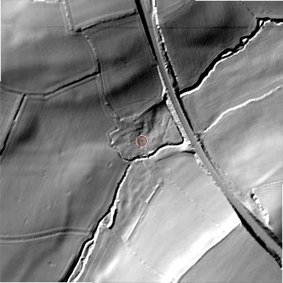 Shaded relief map of the ground around WS138HY, computed from Environment Agency LiDAR. The ground here sits at about 94 m above sea level and falls 25 m across the surrounding 800 m. Surface water reaching this point runs off ground lying to the north-north-west, 21.7 m higher.