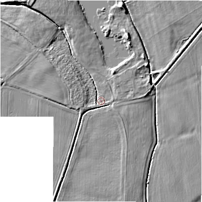 Shaded relief map of the ground around WS138PT, computed from Environment Agency LiDAR. The ground here sits at about 55 m above sea level and falls 4 m across the surrounding 800 m. Surface water reaching this point runs off ground lying to the south-west, 2.4 m higher.