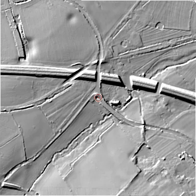 Shaded relief map of the ground around WS138PX, computed from Environment Agency LiDAR. The ground here sits at about 64 m above sea level and falls 13 m across the surrounding 800 m. Surface water reaching this point runs off ground lying to the west-south-west, 5.7 m higher.