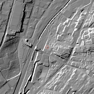 Shaded relief map of the ground around WS13QP, computed from Environment Agency LiDAR. The ground here sits at about 119 m above sea level and falls 27 m across the surrounding 800 m. Surface water reaching this point runs off ground lying to the east, 2.8 m higher.