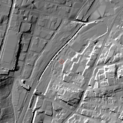 Shaded relief map of the ground around WS13QU, computed from Environment Agency LiDAR. The ground here sits at about 118 m above sea level and falls 29 m across the surrounding 800 m. Surface water reaching this point runs off ground lying to the east-south-east, 6.3 m higher.