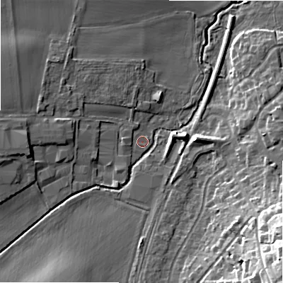 Shaded relief map of the ground around WS140AT, computed from Environment Agency LiDAR. The ground here sits at about 95 m above sea level and falls 25 m across the surrounding 800 m. Surface water reaching this point runs off ground lying to the north-north-west, 1.1 m higher.