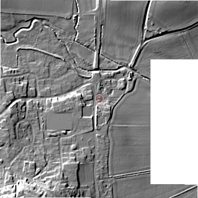 Shaded relief map of the ground around WS140DE, computed from Environment Agency LiDAR. The ground here sits at about 94 m above sea level and falls 23 m across the surrounding 800 m. Surface water reaching this point runs off ground lying to the south-west, 18.7 m higher.