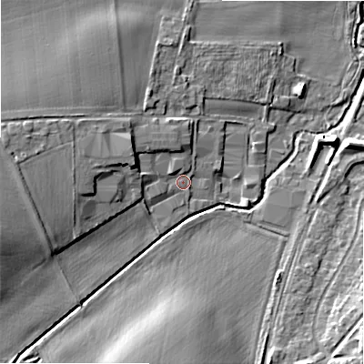 Shaded relief map of the ground around WS140DJ, computed from Environment Agency LiDAR. The ground here sits at about 97 m above sea level and falls 10 m across the surrounding 800 m. Surface water reaching this point runs off ground lying to the west-north-west, 4.3 m higher.