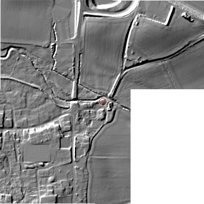Shaded relief map of the ground around WS140DP, computed from Environment Agency LiDAR. The ground here sits at about 93 m above sea level and falls 13 m across the surrounding 800 m. Surface water reaching this point runs off ground lying to the south-west, 12.1 m higher.