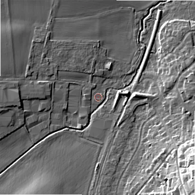 Shaded relief map of the ground around WS140DU, computed from Environment Agency LiDAR. The ground here sits at about 95 m above sea level and falls 24 m across the surrounding 800 m. Surface water reaching this point runs off ground lying to the south-east, 0.5 m higher.