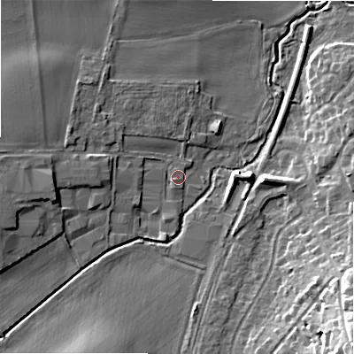 Shaded relief map of the ground around WS140DX, computed from Environment Agency LiDAR. The ground here sits at about 96 m above sea level and falls 21 m across the surrounding 800 m. Surface water reaching this point runs off ground lying to the west, 5.6 m higher.