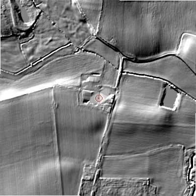 Shaded relief map of the ground around WS140EG, computed from Environment Agency LiDAR. The ground here sits at about 98 m above sea level and falls 9 m across the surrounding 800 m. Surface water reaching this point runs off ground lying to the west-south-west, 2.6 m higher.