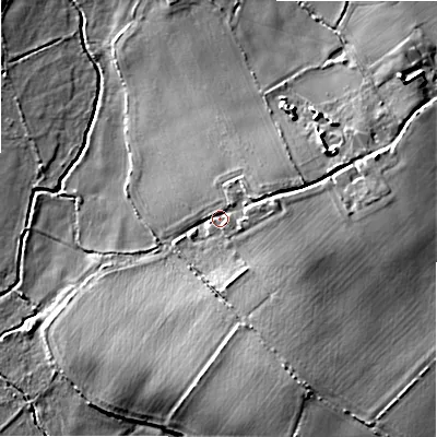 Shaded relief map of the ground around WS140HP, computed from Environment Agency LiDAR. The ground here sits at about 110 m above sea level and falls 17 m across the surrounding 800 m. Surface water reaching this point runs off ground lying to the east, 5.3 m higher.