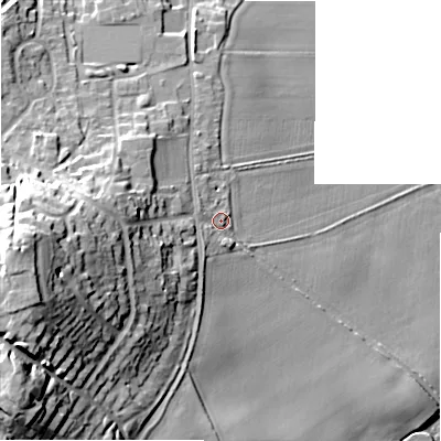 Shaded relief map of the ground around WS140JT, computed from Environment Agency LiDAR. The ground here sits at about 97 m above sea level and falls 30 m across the surrounding 800 m. Surface water reaching this point runs off ground lying to the south-south-west, 2.1 m higher.