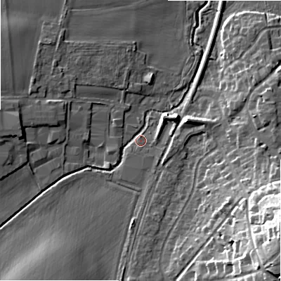 Shaded relief map of the ground around WS140SB, computed from Environment Agency LiDAR. The ground here sits at about 96 m above sea level and falls 26 m across the surrounding 800 m. Surface water reaching this point runs off ground lying to the south-west, 6.7 m higher.