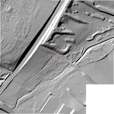 Shaded relief map of the ground around WS149JG, computed from Environment Agency LiDAR. The ground here sits at about 69 m above sea level and falls 25 m across the surrounding 800 m. Surface water reaching this point runs off ground lying to the south-south-east, 13.2 m higher.