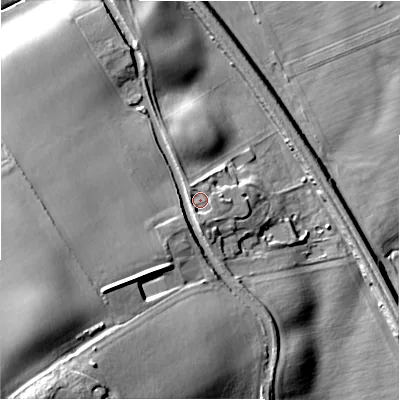 Shaded relief map of the ground around WS149JJ, computed from Environment Agency LiDAR. The ground here sits at about 64 m above sea level and falls 33 m across the surrounding 800 m. Surface water reaching this point runs off ground lying to the south, 2.3 m higher.