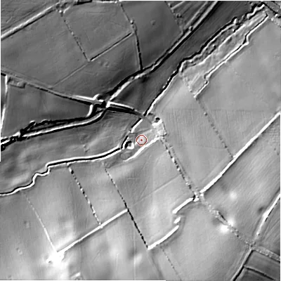 Shaded relief map of the ground around WS149JW, computed from Environment Agency LiDAR. The ground here sits at about 64 m above sea level and falls 26 m across the surrounding 800 m. Surface water reaching this point runs off ground lying to the south-south-east, 23.8 m higher.