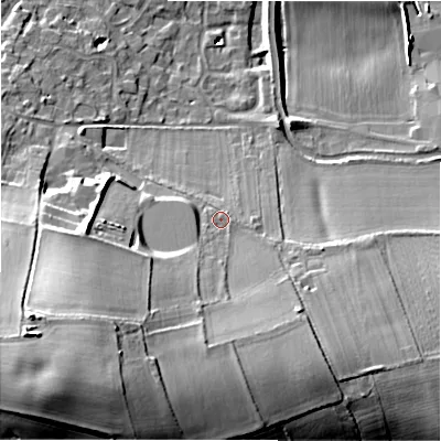 Shaded relief map of the ground around WS149LQ, computed from Environment Agency LiDAR. The ground here sits at about 69 m above sea level and falls 30 m across the surrounding 800 m. Surface water reaching this point runs off ground lying to the south, 11.4 m higher.