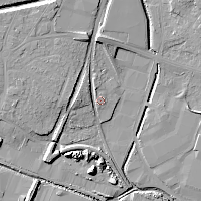 Shaded relief map of the ground around WS14AG, computed from Environment Agency LiDAR. The ground here sits at about 116 m above sea level and falls 14 m across the surrounding 800 m. Surface water reaching this point runs off ground lying to the north, 7.8 m higher.