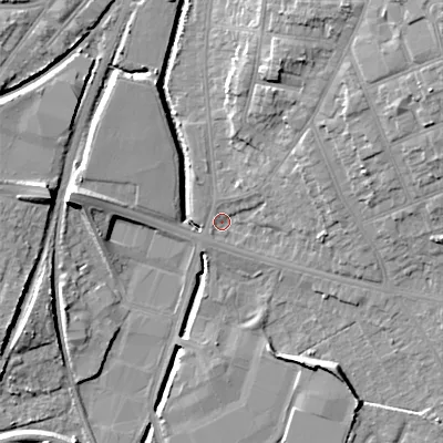 Shaded relief map of the ground around WS14DJ, computed from Environment Agency LiDAR. The ground here sits at about 114 m above sea level and falls 16 m across the surrounding 800 m. Surface water reaching this point runs off ground lying to the north-north-east, 9.0 m higher.