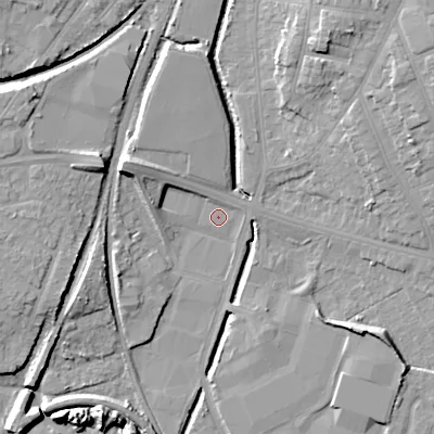 Shaded relief map of the ground around WS14DL, computed from Environment Agency LiDAR. The ground here sits at about 114 m above sea level and falls 14 m across the surrounding 800 m. Surface water reaching this point runs off ground lying to the north, 1.2 m higher.