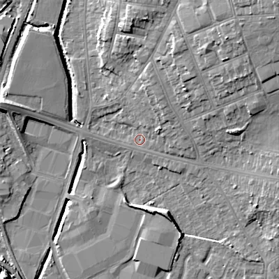 Shaded relief map of the ground around WS14DN, computed from Environment Agency LiDAR. The ground here sits at about 114 m above sea level and falls 18 m across the surrounding 800 m. Surface water reaching this point runs off ground lying to the north-north-east, 5.5 m higher.