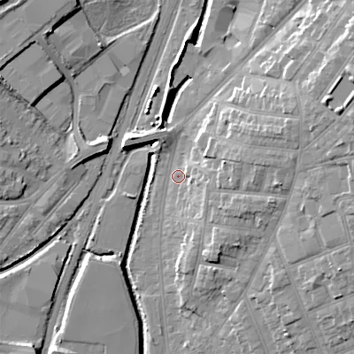 Shaded relief map of the ground around WS14DQ, computed from Environment Agency LiDAR. The ground here sits at about 116 m above sea level and falls 18 m across the surrounding 800 m. Surface water reaching this point runs off ground lying to the east-north-east, 17.1 m higher.